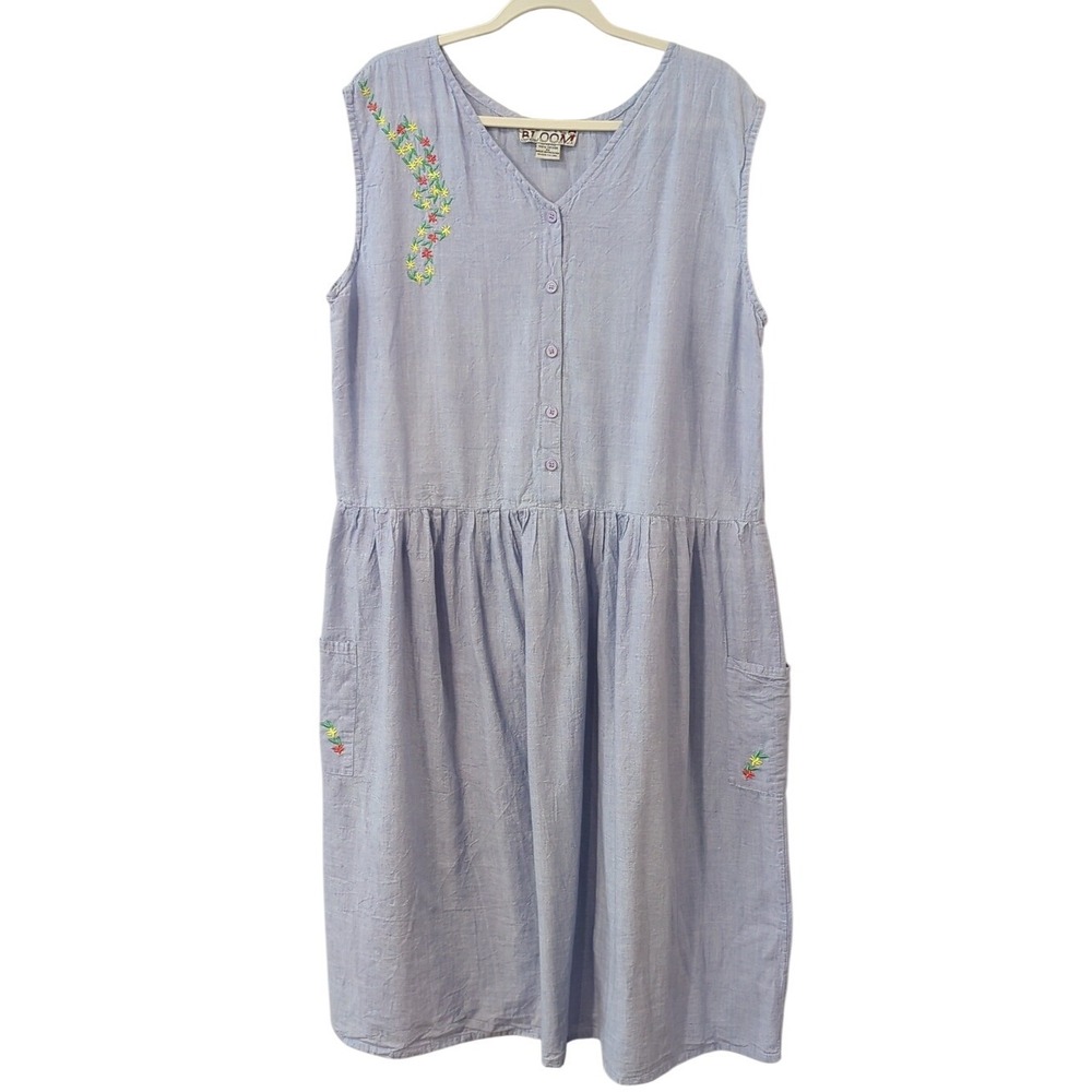 Vintage Cotton Dress Floral Embroidery‎ Pockets Blue size 3X